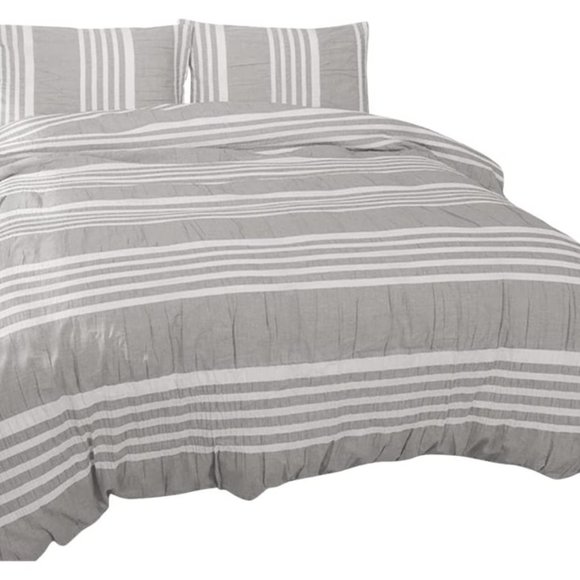 SEESUCKER DUVET COVER SET w/ 2 SHAMS - 100% COTTON (Stripes Grey/White -… - Picture 8 of 11